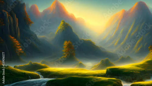mountains with trees, meadow, clouds and mist - valley landscape wallpaper - fantasy - painted illustration - concept art - background