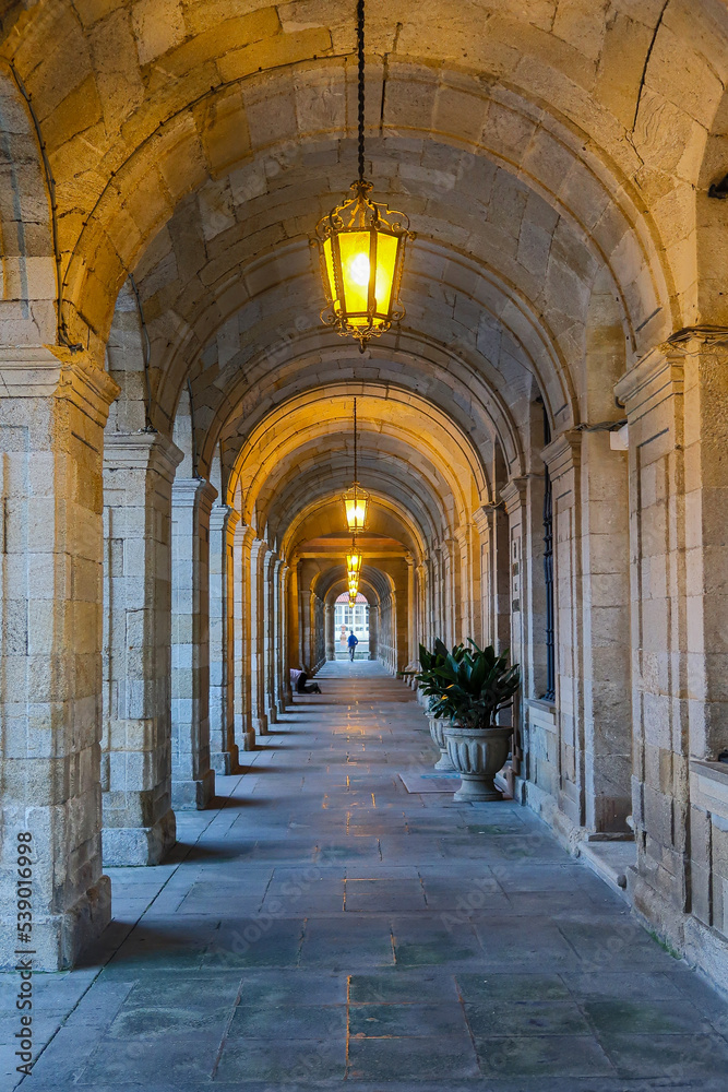 Portico of the City Hall of Santiago de Compostela, Galicia, Spain. Santiago's road.