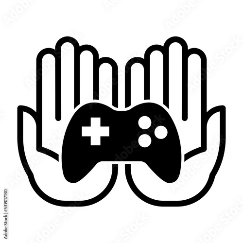 Hands open with console controller icon. Hand holding a video game gamepad joystick symbol logo. Vector illustration.