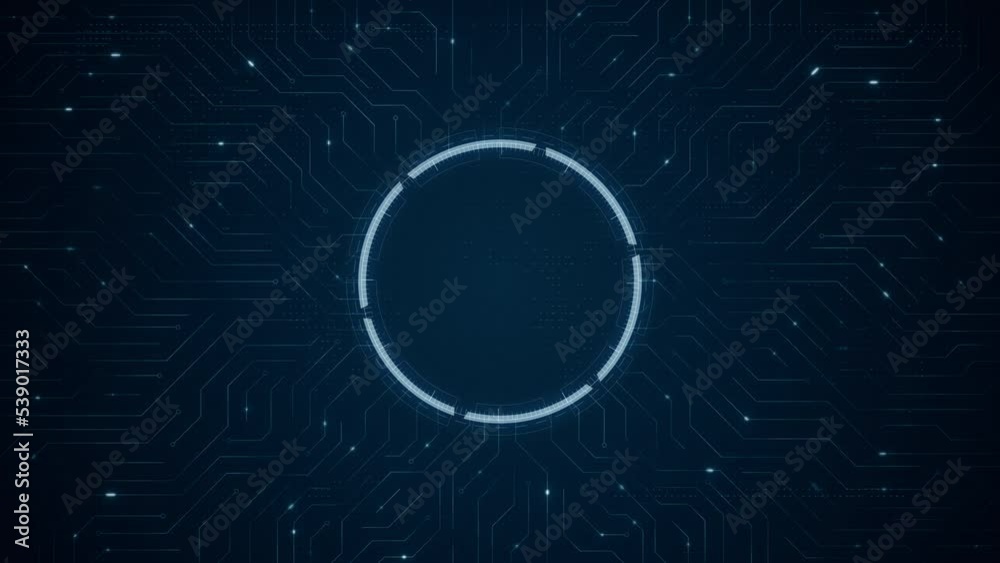 Motion graphic of Blue circuit board with futuristic technology circle HUD and data transfer on abstract background