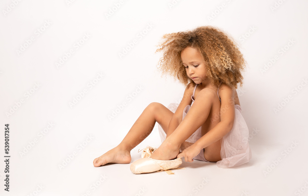 Fototapeta premium Portrait of an adorable preschool age girl playing dress up wearing a ballet tutu, isolated on white background