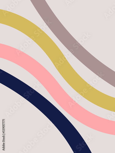 Abstract retro style illustration with grey, green, navy blue and pink diagonal wavy lines decoration on pastel grey background