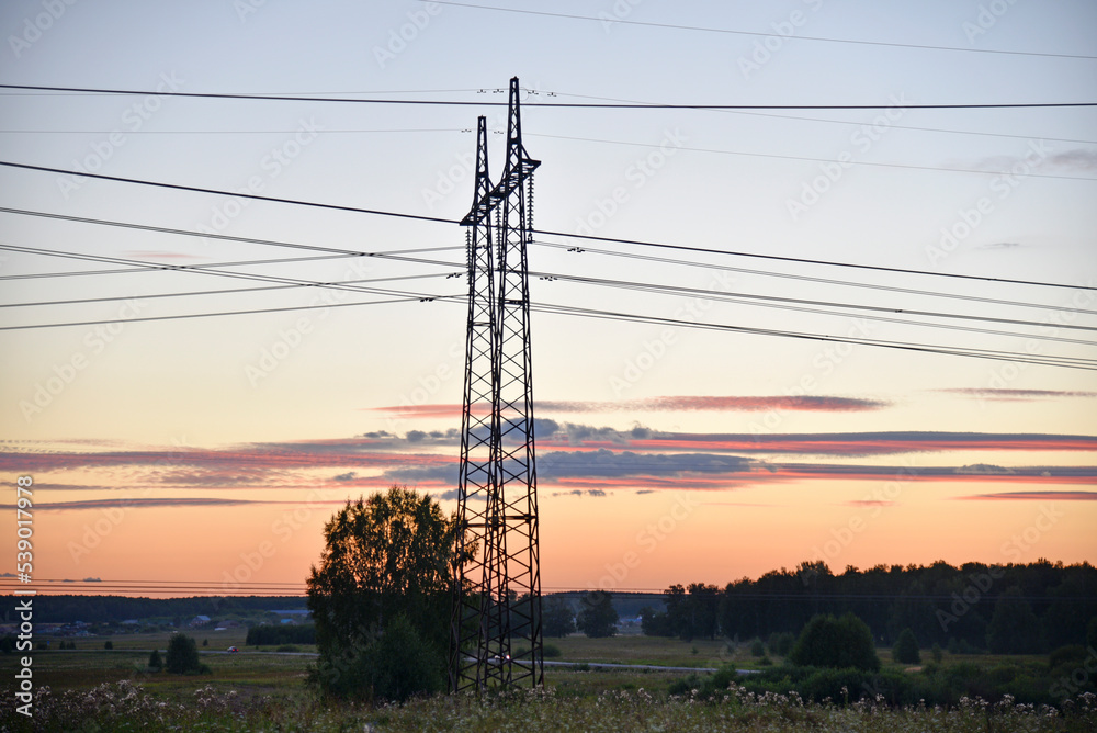 Fototapeta premium Beautiful high-voltage iron transmission line in the evening in the sunset sky. Landscape evening and wires and power lines.