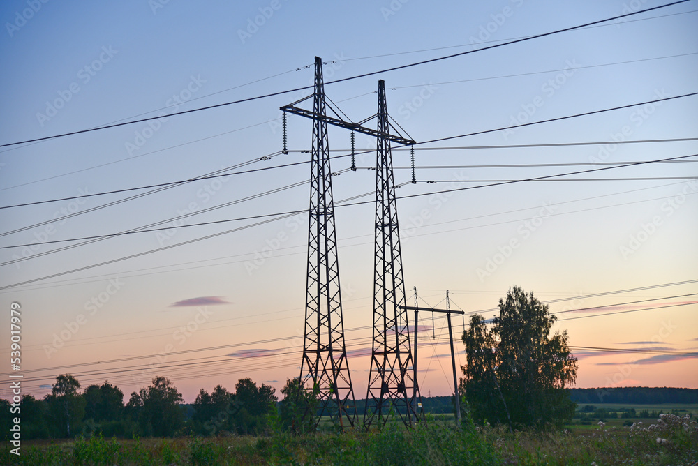 Fototapeta premium Beautiful high-voltage iron transmission line in the evening in the sunset sky. Landscape evening and wires and power lines.