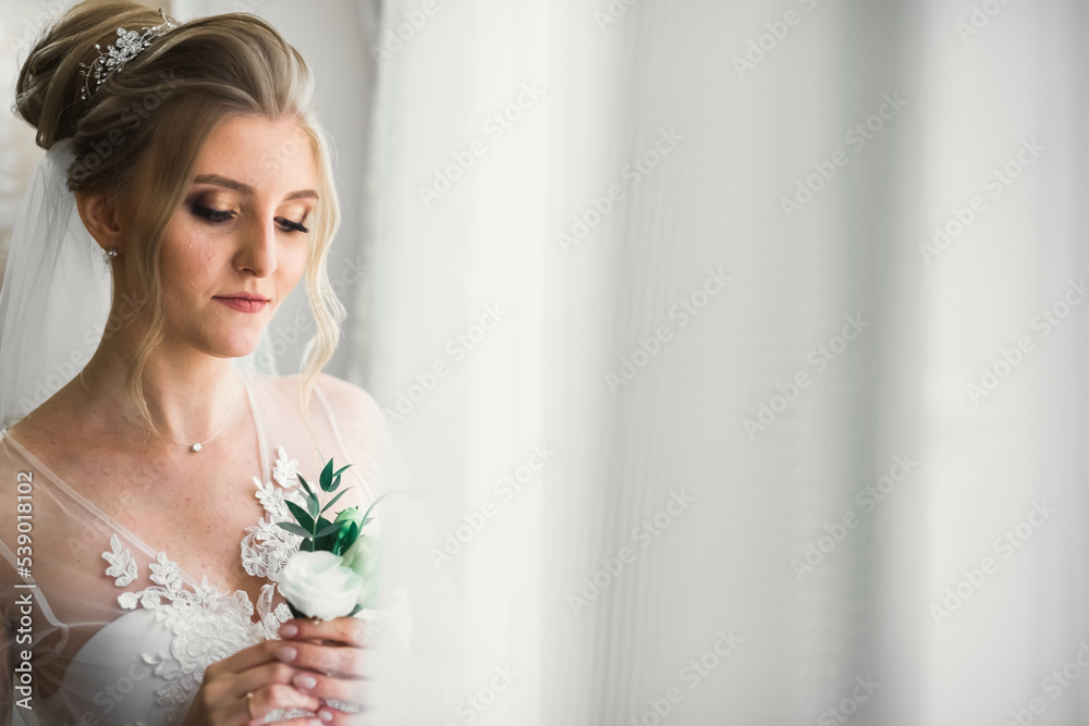 Beautiful bride wearing fashion wedding dress with feathers with luxury delight make-up and hairstyle, studio indoor photo shoot Beautiful bride wearing fashion wedding dress with feathers with luxury delight make-up and hairstyle, studio indoor photo shoot