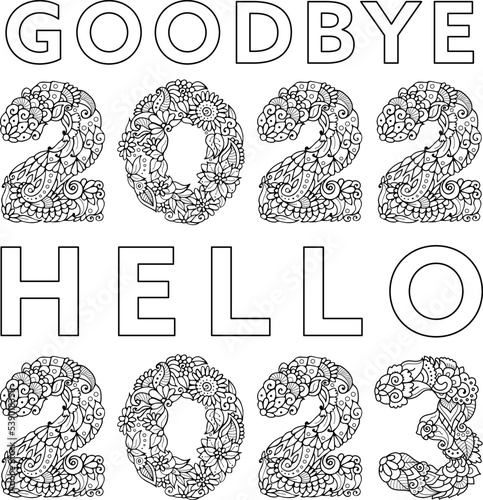 Goodbye 2022 Hello 2023. Modern floral text, luxury design of a greeting card in gold color.
