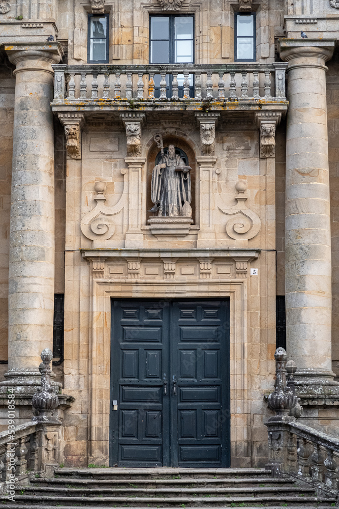 Entrance door and facade with image of the Monastery of San Martín Pinario. Santiago de Compostela, Galicia, Spain. Santiago's road.
