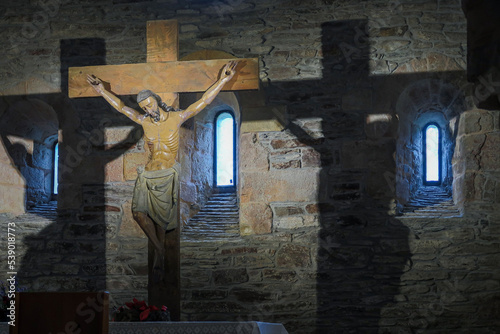 Crucified Christ. Sanctuary of Santa María La Real, O Cebreiro, Lugo, Galicia, Spain. French Way of Saint James. photo