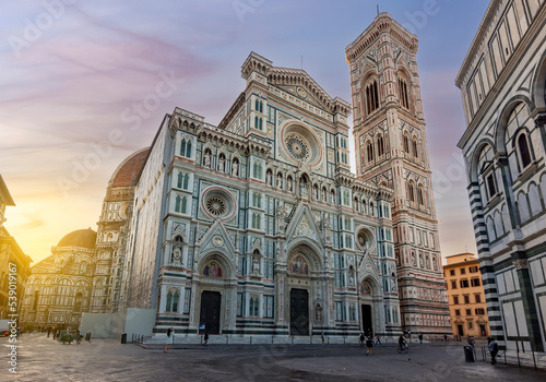 Cathedral of Saint Mary of Flower (Cattedrale di Santa Maria del Fiore) or Duomo di Firenze at sunrise, Florence, Italy photo