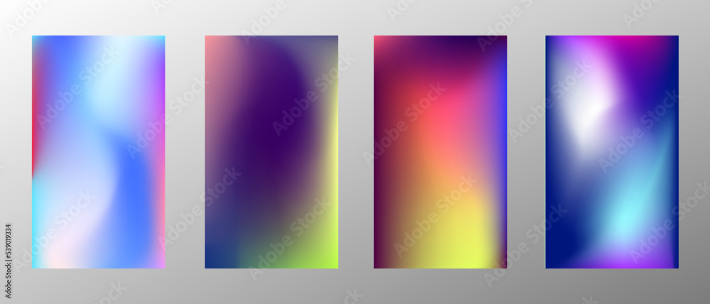 Abstract bright gradient background. Set of 4 backgrounds. Creative modern vector illustration. Holographic spectrum for coating. Abstract bright gradient background. Set of 4 backgrounds. Creative modern vector illustration. Holographic spectrum for coating.