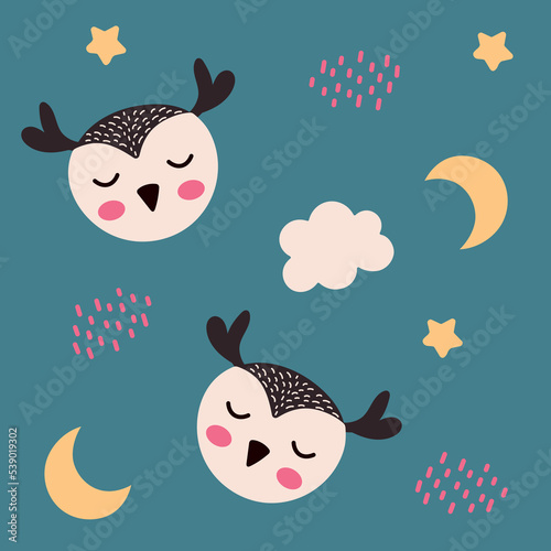 Cute seamless pattern with owl, moon and stars. Texture for fabric, notepads, clothing, packaging and wallpaper. Vector illustration and background.