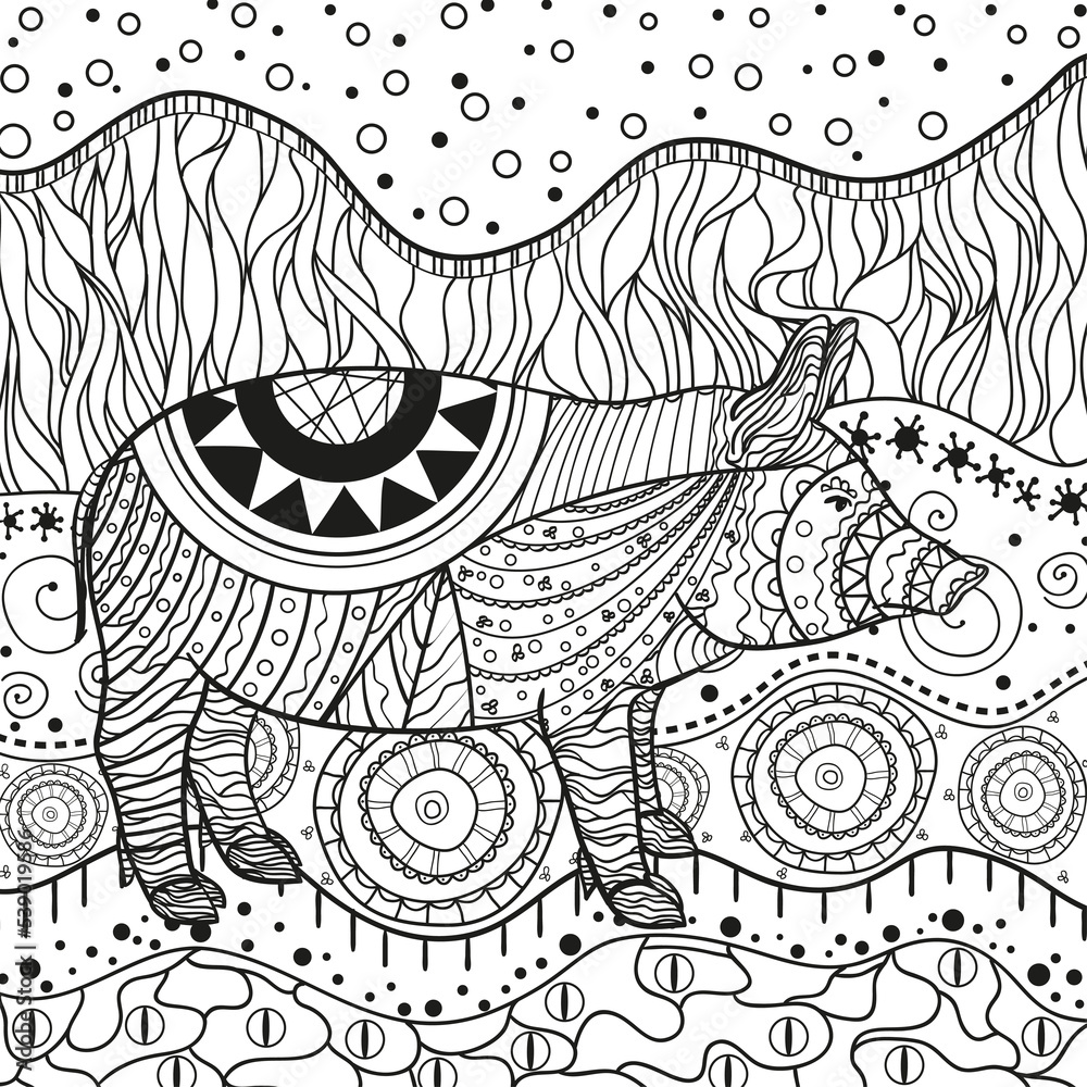 Fototapeta premium Ornate wallpaper with pig. Hand drawn waved ornaments on white. Abstract patterns on isolated background. Design for spiritual relaxation for adults. Line art. Black and white illustration