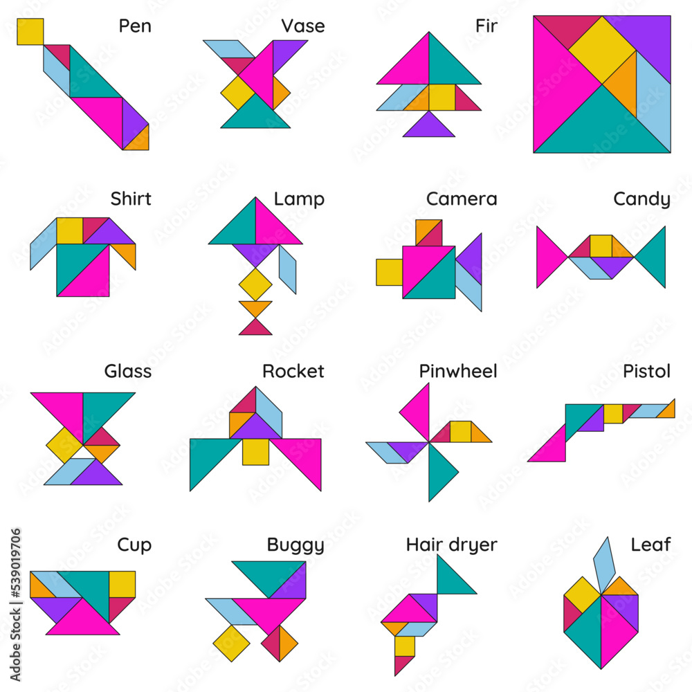 Vecteur Stock Tangram puzzle for kids. Set of tangram objects.