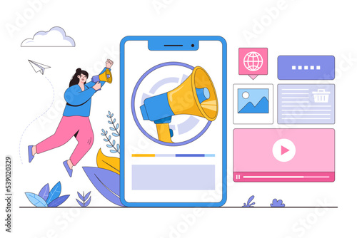 Flat social media marketing with a large megaphone on the screen concept. Outline design style minimal vector illustration