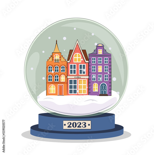 Merry Christmas and Happy New Year 2023! illustration for the new year holidays. Snowy Amsterdam, Netherlands. multicolored famous houses in a glass festive ball