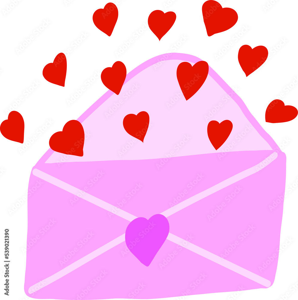 hand drawn pink letter with flying out red hearts, Valentines day clipart for decoration,illustration for holiday design hand drawn pink letter with flying out red hearts, Valentines day clipart for decoration,illustration for holiday design