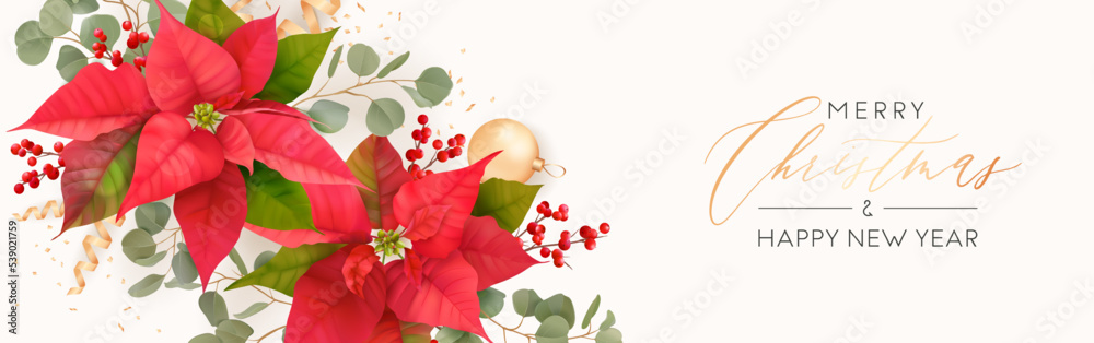 Merry Christmas and Happy New Year vector banner. Xmas realistic Poinsettia flower header for website Merry Christmas and Happy New Year vector banner. Xmas realistic Poinsettia flower header for website