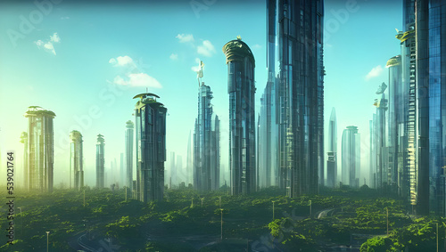 city skyline at sunset - utopia - future - ecological city concept - bright light