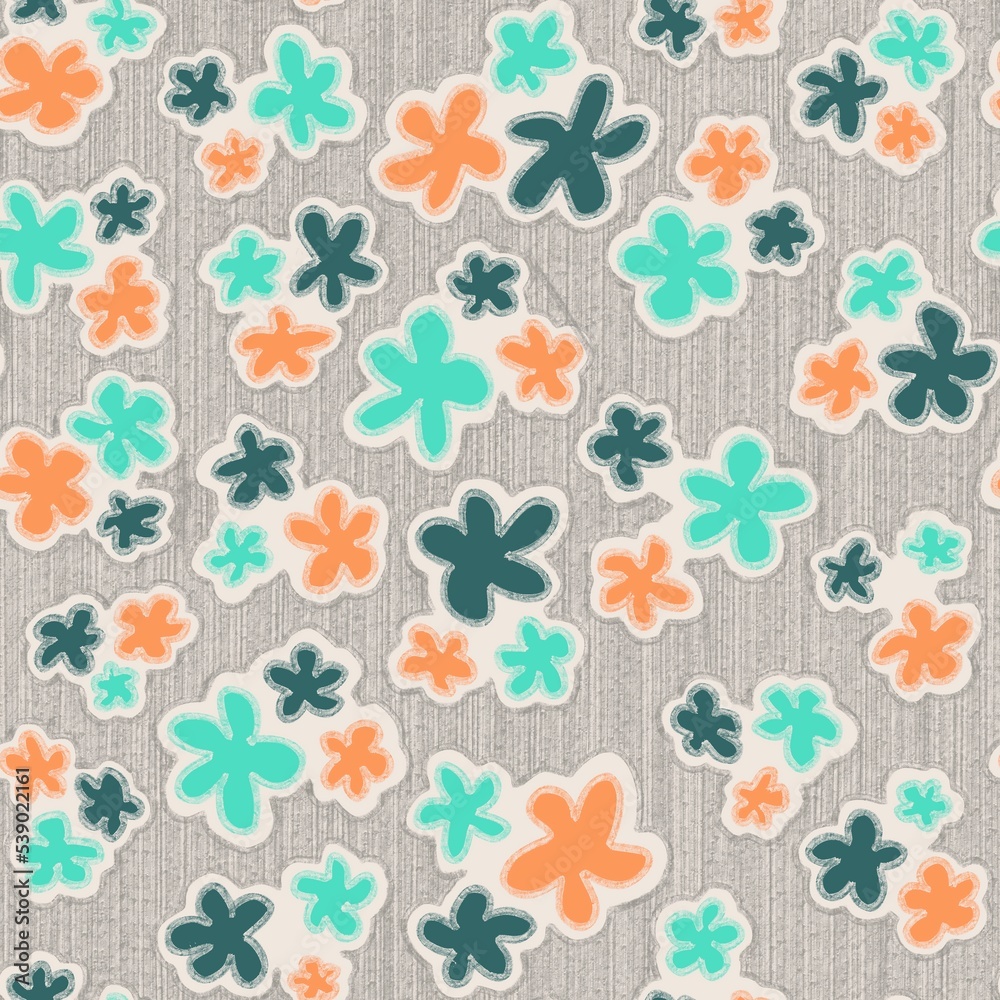 Trendy fabric pattern with miniature turquoise,gray,orange colors flowers.Fashion design on grunge texture.Motifs scattered random.Elegant template for fashion print,textile,fabric,gift wrapping paper