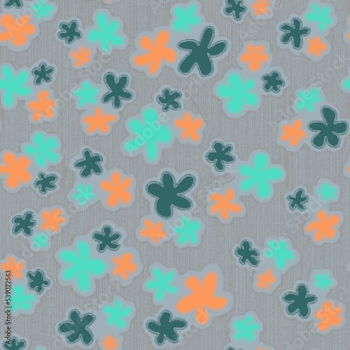 Trendy fabric pattern with miniature turquoise,gray,orange colors flowers.Fashion design on grunge texture.Motifs scattered random.Elegant template for fashion print,textile,fabric,gift wrapping paper