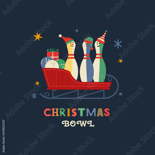 Christmas holiday bowling fancy flat color vector icon. Funny Bowling pin in Elf hat cartoon design element. Bowl club xmas holiday invitation template. Festive Christmas party background illustration