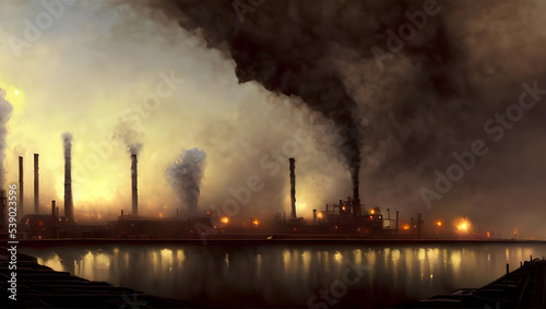 a dark industrial factory with smoke and fire from the chimney and smog