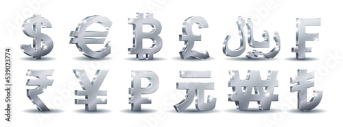 Silver currency sign set. euro, dollar, bitcoin, rial, frank, pound, yen, yuan, rupee, lira, won and rouble