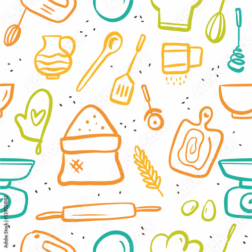 Vector pattern of kitchen utensils and baking dishes, hand-drawn in the style of a doodle.