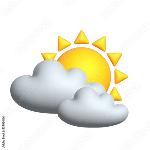 Sun with cloud floats in the sky. 3d vector icon. Cartoon minimal style