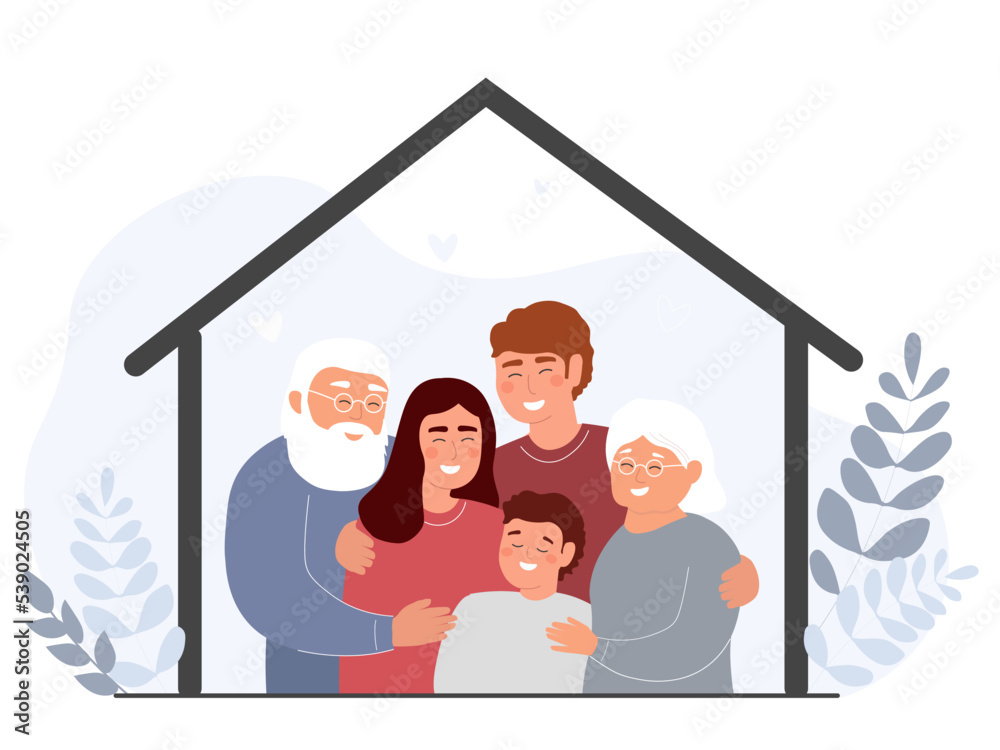 Family stays at home. Happy mother, father, son, grandfather, grandmother together. Concept of protection from the epidemic, poor conditions on the street, support for each other. Vector graphics. Family stays at home. Happy mother, father, son, grandfather, grandmother together. Concept of protection from the epidemic, poor conditions on the street, support for each other. Vector graphics.
