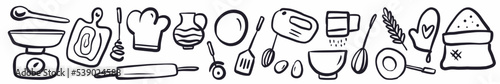 Vector horizontal pattern of kitchen items and baking dishes hand-drawn in the style of a doodle.
