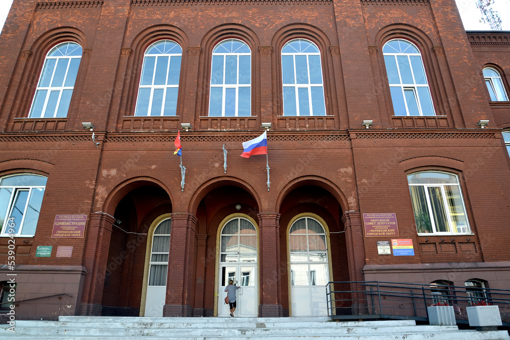 CHERNYAKHOVSK, RUSSIA - AUGUST 16, 2019: Entrance to the Chernyakhovsky district administration building (1875). Kaliningrad region