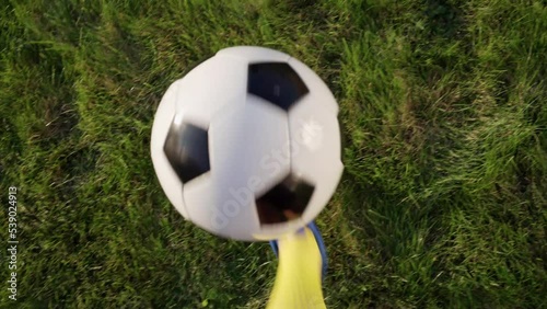 POV from Player’s Perspective  Kicks Ball with His Feet. Football Player at Practice Doing Tricks with  Ball. Soccer World Cup