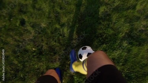 POV from Player’s Perspective  Kicks Ball with His Feet. Football Player at Practice Doing Tricks with  Ball. Soccer World Cup