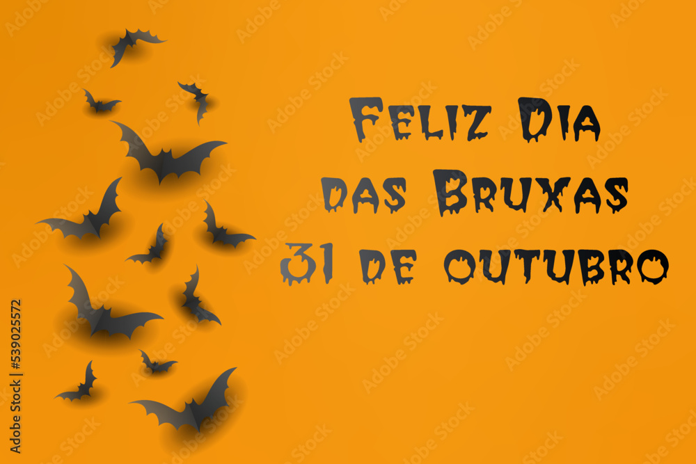 cartão ou banner para uma festa de halloween feliz em 31 de outubro em preto sobre um fundo laranja com morcegos pretos