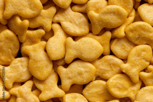 Goldfish cookies background. Closeup view of fish-shaped salted crackers. Small biscuits.