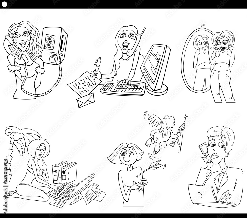 cartoon women comic characters set coloring page Stock Vector | Adobe Stock
