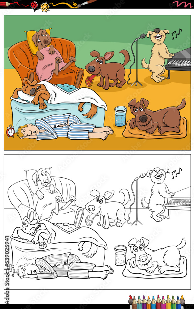 Naklejka premium cartoon dogs animal characters group coloring page