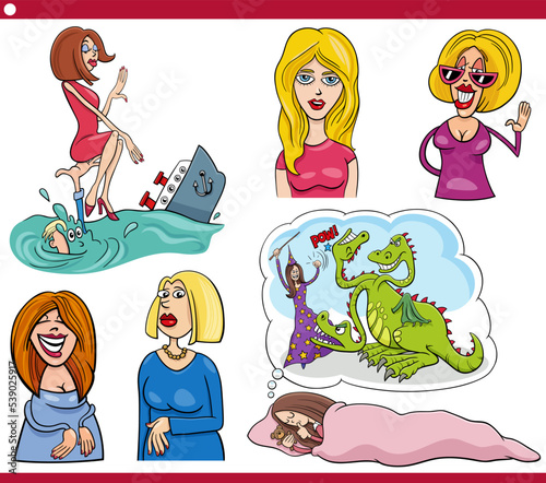 funny cartoon women characters caricature set