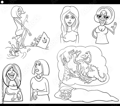 cartoon woman comic characters set coloring page