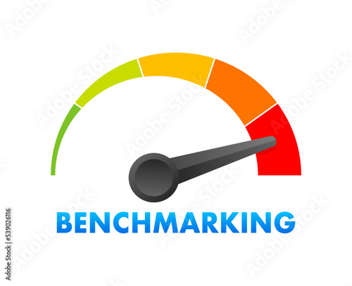 Benchmarking Speedometer, general indicator, business concept. Vector stock illustration.