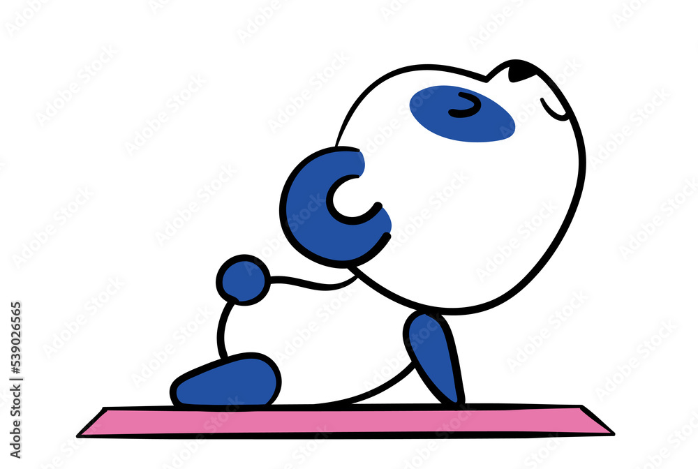 Cute little panda. Poster with animal mascot doing yoga or sports. Active lifestyle or exercise. Design element for sticker or badge. Cartoon flat vector illustration isolated on white background Cute little panda. Poster with animal mascot doing yoga or sports. Active lifestyle or exercise. Design element for sticker or badge. Cartoon flat vector illustration isolated on white background
