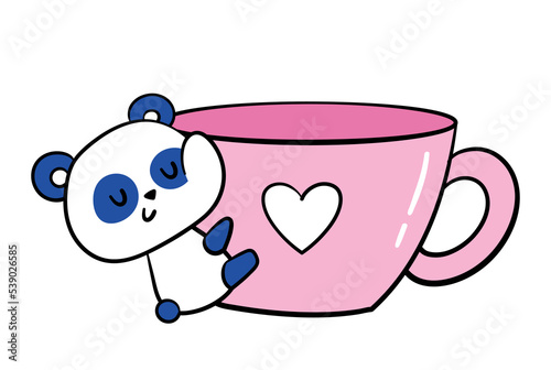 Cute little panda. Funny bear hugging pink cup or mug with delicious hot drink. Tea or coffee. Design element for messengers and chats. Cartoon flat vector illustration isolated on white background
