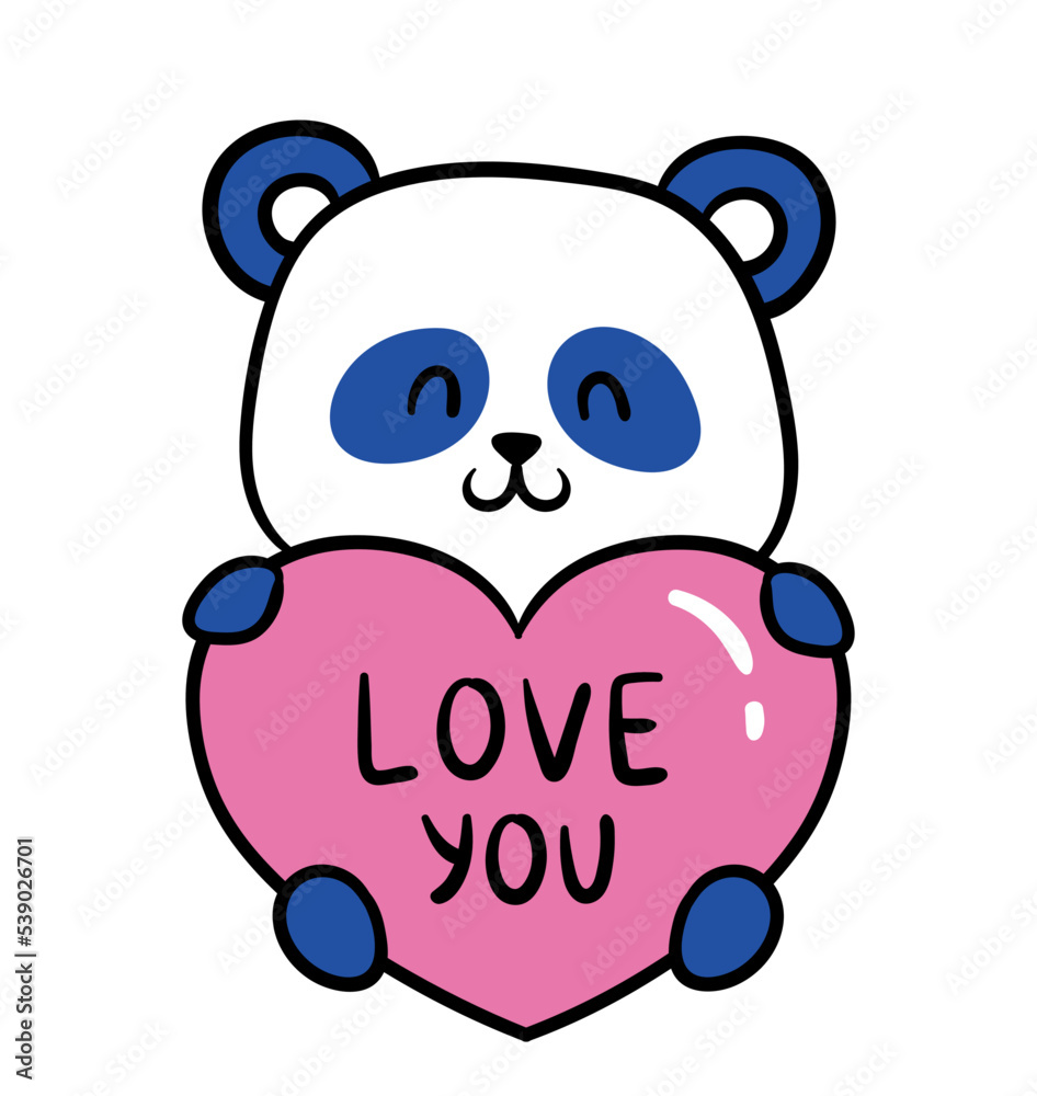Cute little panda. Romantic bear mascot holds big pink heart with inscription love you. Feelings and emotions. Design element for sticker. Cartoon flat vector illustration isolated on white background Cute little panda. Romantic bear mascot holds big pink heart with inscription love you. Feelings and emotions. Design element for sticker. Cartoon flat vector illustration isolated on white background