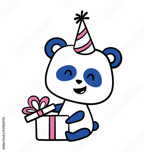 Cute little panda. Happy bear mascot opens birthday present and rejoices. Congratulation or gift. Design element for messengers and chats. Cartoon flat vector illustration isolated on white background