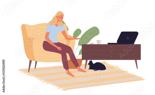 Woman eat food. Young girl sits on sofa with black dog and reaches for dishes. Relax after work or school. Comfort and cosiness in house. Social media sticker. Cartoon flat vector illustration