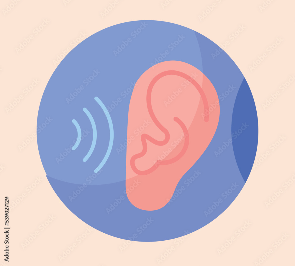 Ear perception concept. Hearing and analysis of sound waves. Minimalistic icon and logo for company. Medical infographics, educational material. Biology and anatomy. Cartoon flat vector illustration Ear perception concept. Hearing and analysis of sound waves. Minimalistic icon and logo for company. Medical infographics, educational material. Biology and anatomy. Cartoon flat vector illustration