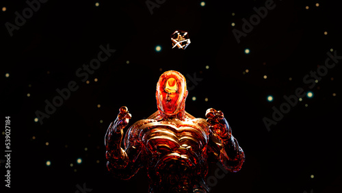 fantastic man from another dimension, levitating geometry against the background of stars. Cosmic deity, person of the future or a character from another reality , Computer visualization, 3d rendering