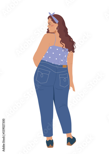 Person with big chubby figure. Cute smiling girl with curvy and sexy body in stylish jeans and top. Self acceptance and body positivity. Cartoon flat vector illustration isolated on white background