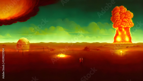 atomic explosion over a power plant with a mushroom cloud - oil painting - illustration